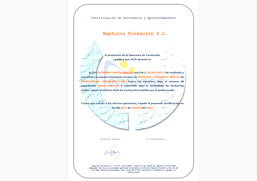 Ejemplo del certificado de aprovechamiento del curso